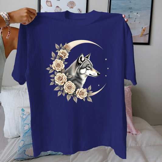 Wolf Head Crescent Moon Women's T-Shirt - 100% Cotton