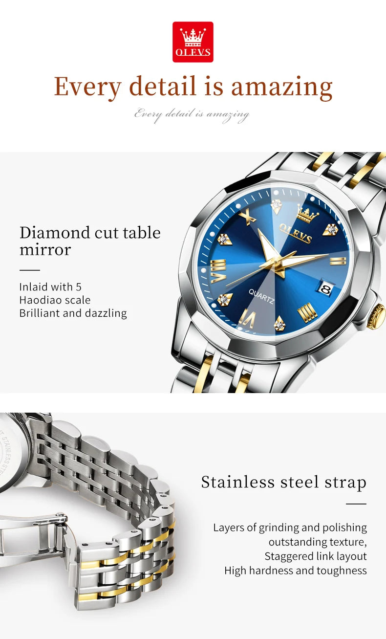OLEVS 9931 Women's Watch - Stainless Steel, Dual Calendar, Luxury, Waterproof, Jewelry Set