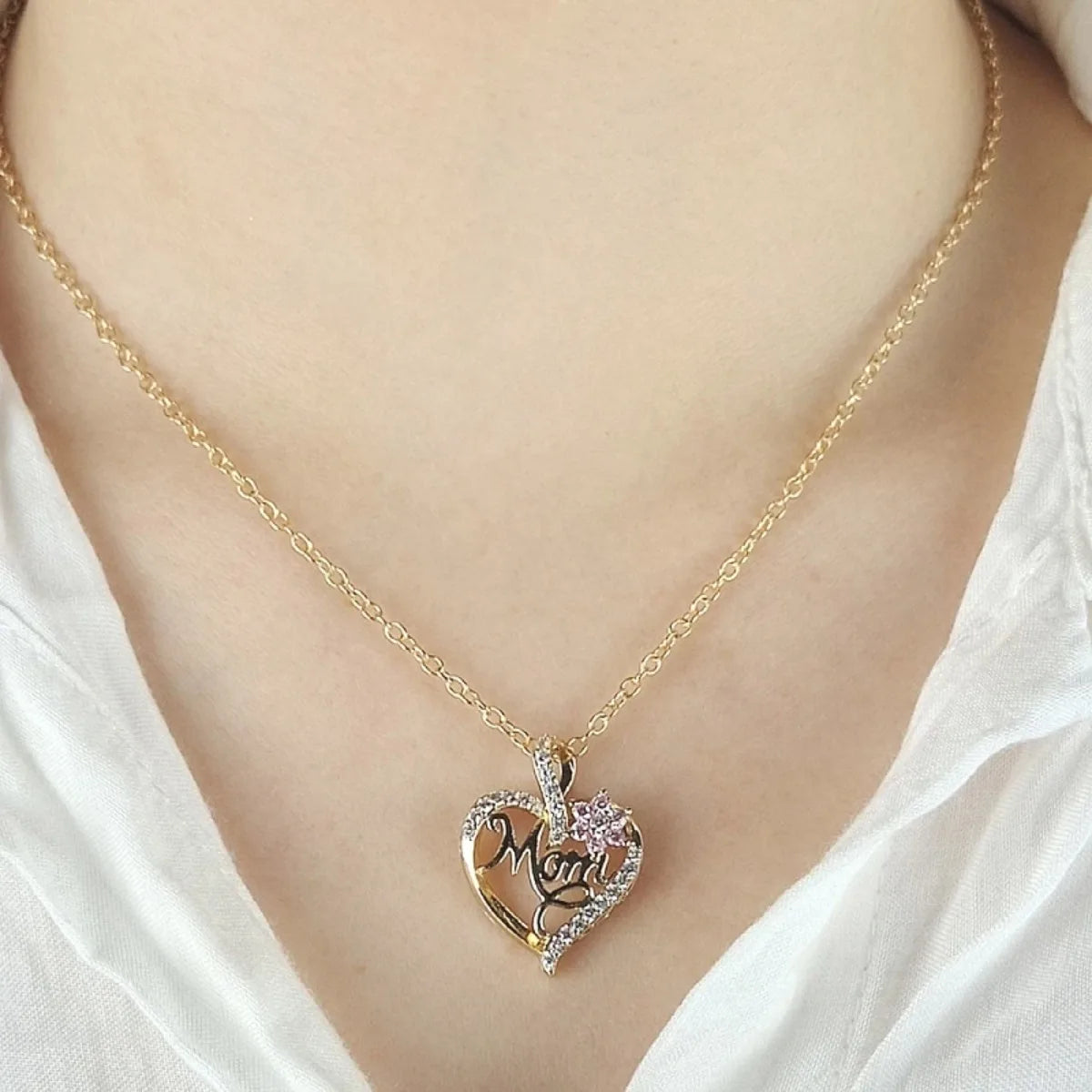 Heart Pendant Necklace – Cubic Zirconia, Copper Chain, 45cm