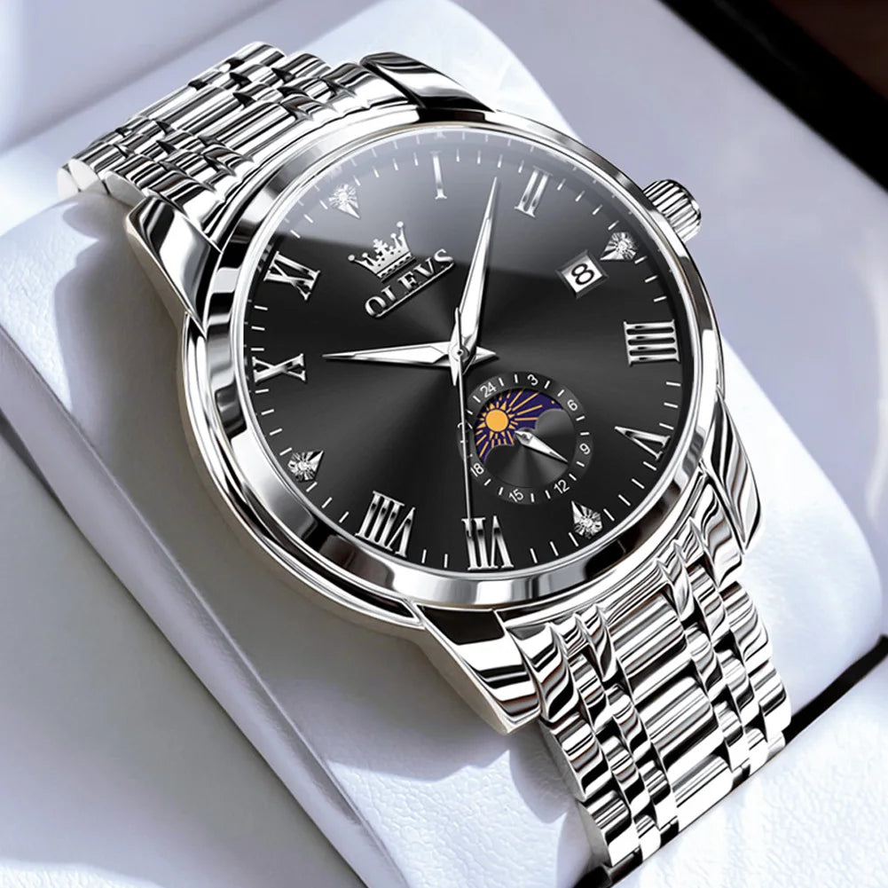 OLEVS Top Brand Men's Watches Fashion Original Quartz Watch for Man Waterproof Stainless Steel Luminous Wristwatch Moon Phase