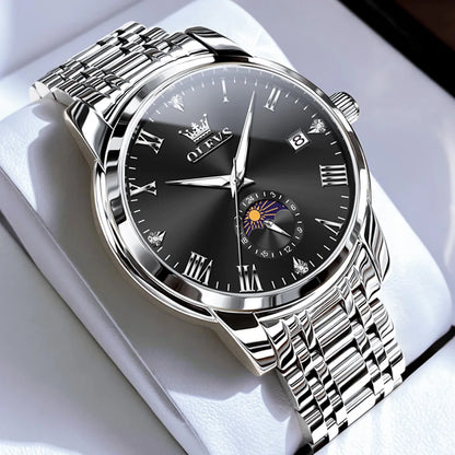 OLEVS Top Brand Men's Watches Fashion Original Quartz Watch for Man Waterproof Stainless Steel Luminous Wristwatch Moon Phase