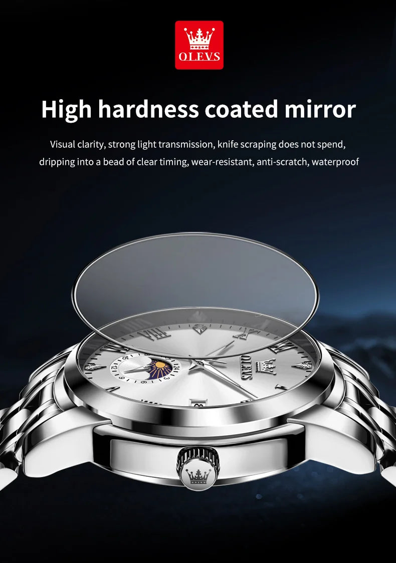 OLEVS Top Brand Men's Watches Fashion Original Quartz Watch for Man Waterproof Stainless Steel Luminous Wristwatch Moon Phase