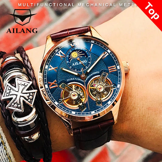 AILANG AL-8822 Double Flywheel Automatic Watch - Moon Phase, Transparent Back, Luxury