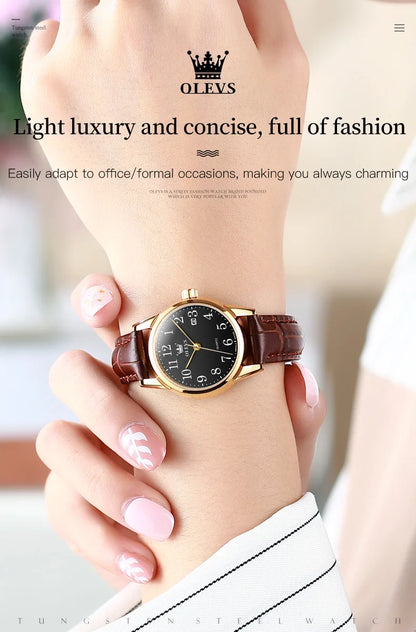 OLEVS 5566 Watch - Fashion Quartz, Leather Strap, Waterproof, Arabic Numeral, Men & Women