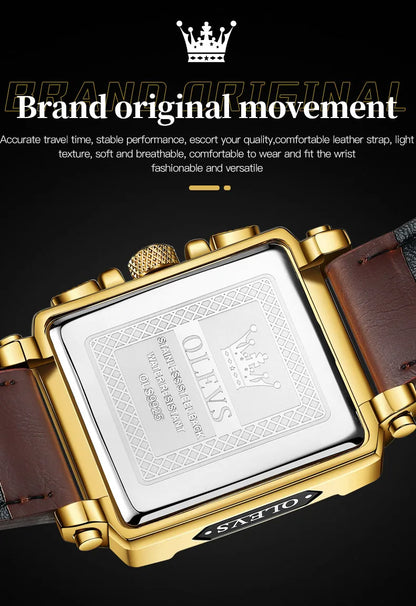OLEVS 9925 Men's Watch - Luxury Square, Chronograph, Waterproof, Leather Strap