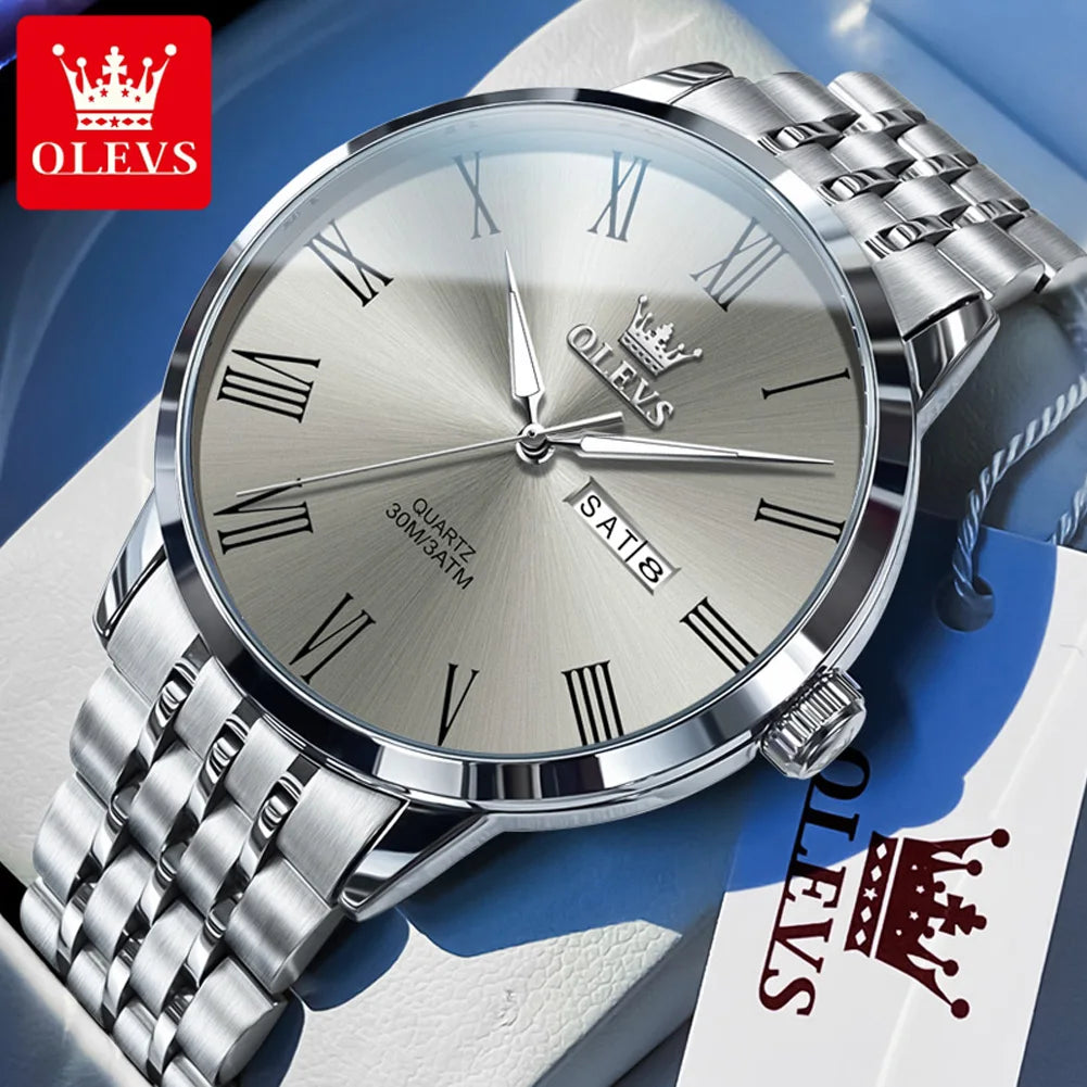 OLEVS 3633 Men's Watch - Business Simple, Waterproof, Luminous, Stainless Steel, Dual Calendar