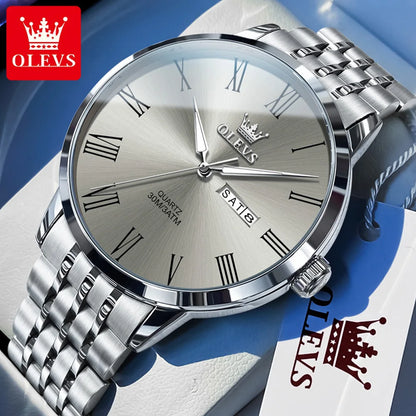 OLEVS 3633 Men's Watch - Business Simple, Waterproof, Luminous, Stainless Steel, Dual Calendar