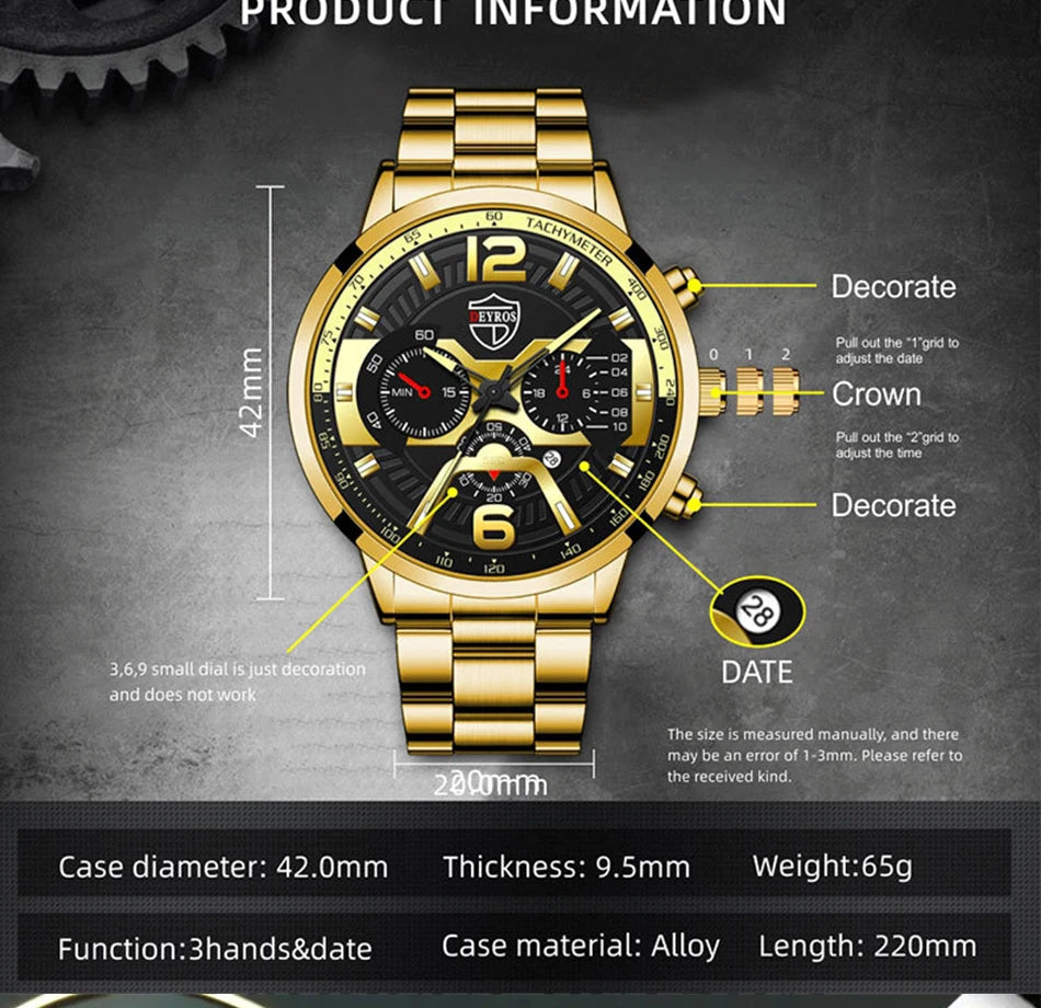 DEYROS Men's Fashion Quartz Watch - Stainless Steel Band, Numberless Dial, Casual Business