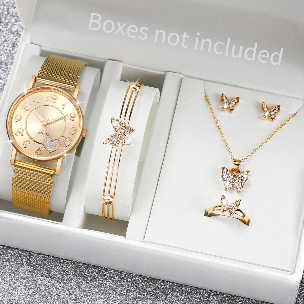 Women's Heart Dial Quartz Watch & Rhinestone Heart Jewelry Set - Plastic Band, 38mm, No Box
