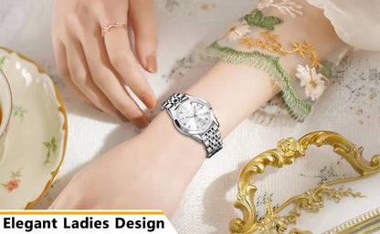 OLEVS 9931 Women's Watch - Stainless Steel, Dual Calendar, Luxury, Waterproof, Jewelry Set