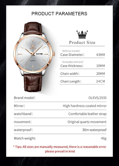 OLEVS 2935 Luxury Men's Watch - Roman Numeral, Auto Date, Shock Resistant, 3ATM, Leather Strap