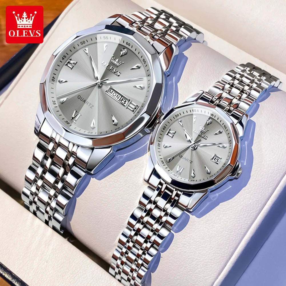 OLEVS 9998 Couple Watches - Rhombus Mirror, Luminous Date, Waterproof