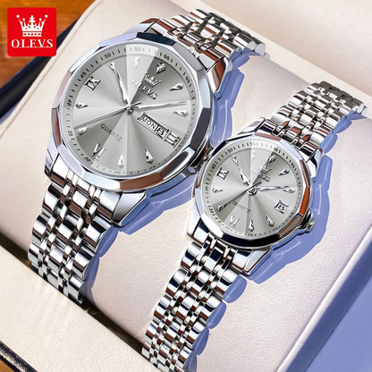 OLEVS 9998 Couple Watches - Rhombus Mirror, Luminous Date, Waterproof
