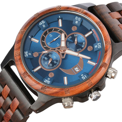 Rainch Men’s Wooden Quartz Watch with Dual Time Zones and Calendar