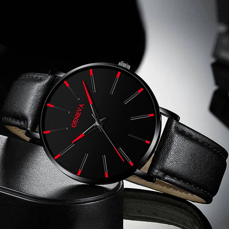 DIJANES Men's Quartz Watch & PU Leather Bracelet Set - Numberless Dial, Buckle, Fashion Casual
