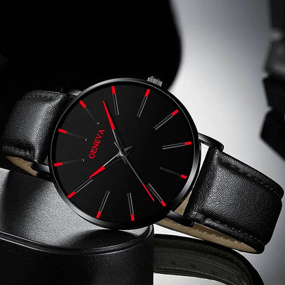 DIJANES Men's Quartz Watch & PU Leather Bracelet Set - Numberless Dial, Buckle, Fashion Casual