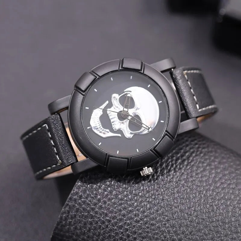 DEYROS 3pcs Men's Skull Quartz Watch Set - Watch, Necklace & Bracelet, Stainless Steel, Hardlex