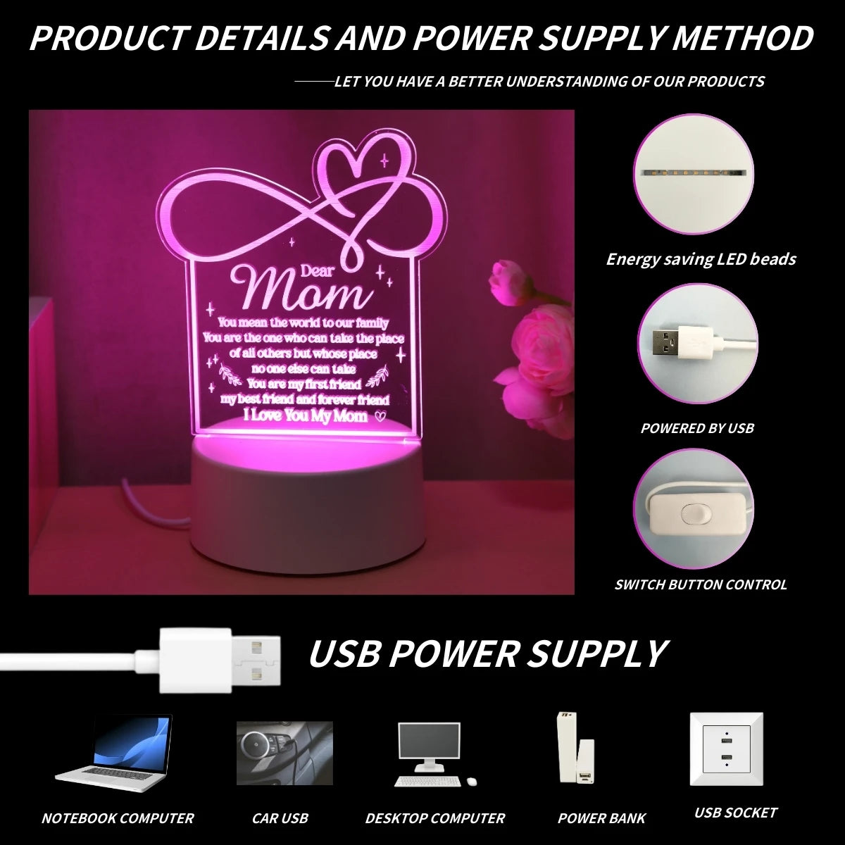 Love Mom USB Night Light – Card Shape, Pink Glow