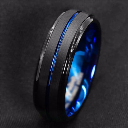 Black Tungsten Wedding Ring - 8mm Blue Groove Band