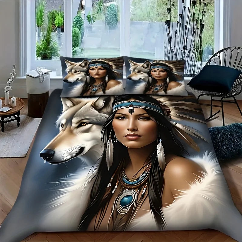 Wolf Feather 3D Bedding Set - Polyester Duvet Cover Pillowcase