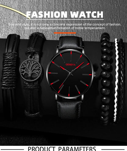 DIJANES Men's Quartz Watch & PU Leather Bracelet Set - Numberless Dial, Buckle, Fashion Casual