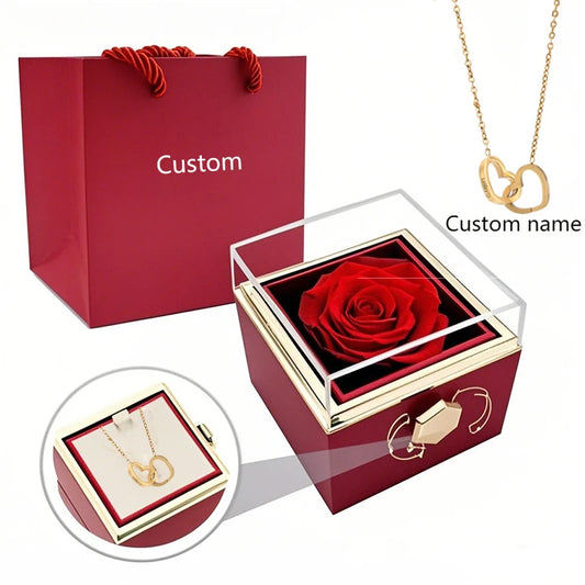 Rotating Rose Box with Engraved Name - Double Heart Necklace Gift Set