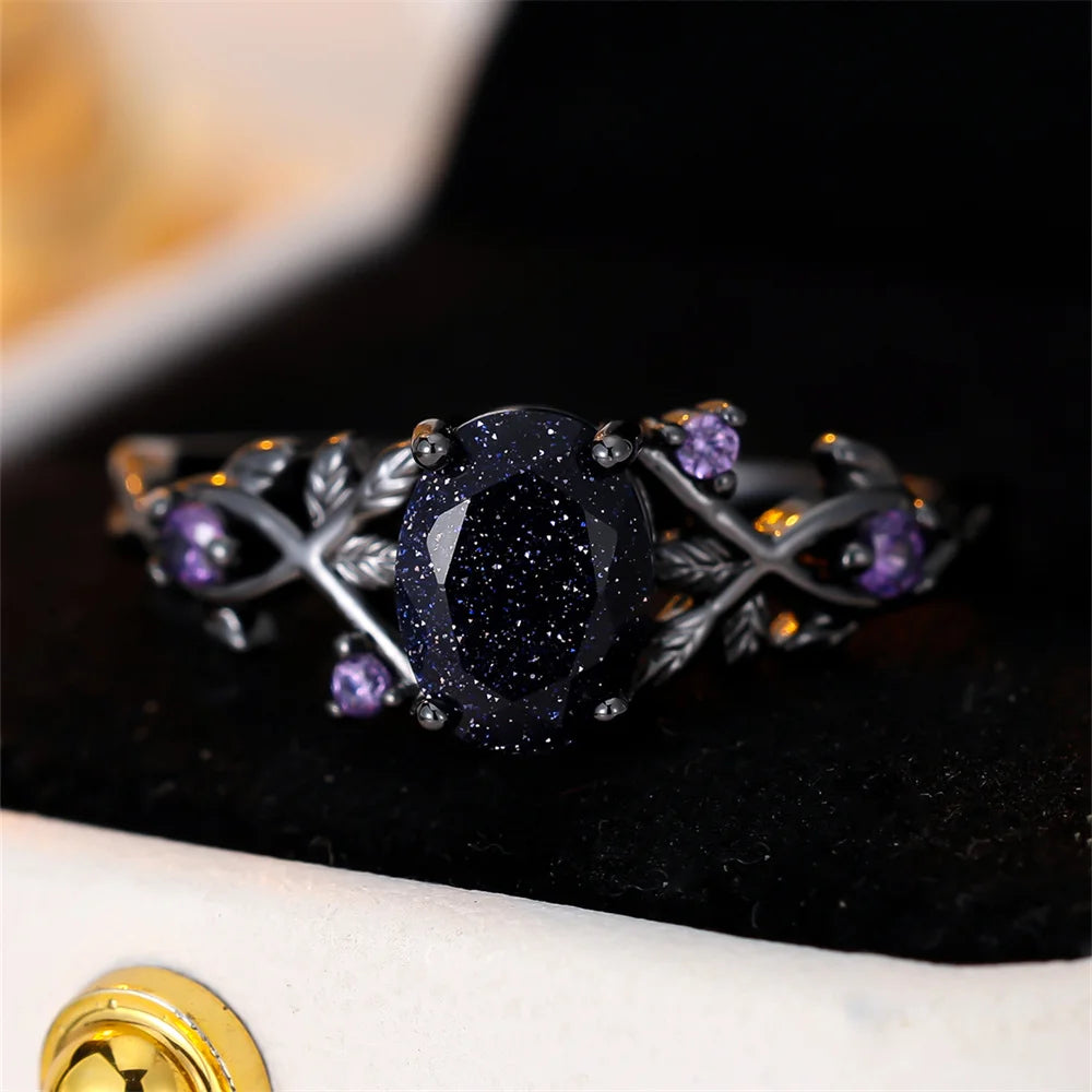 Oval Zircon Vintage Ring for Women – Black Blue