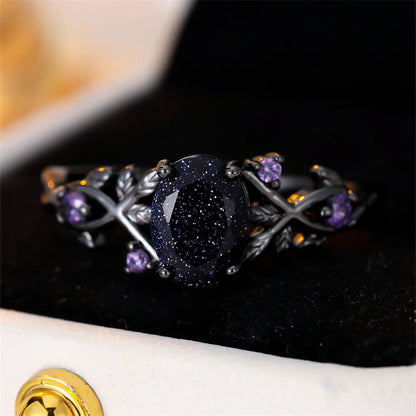 Oval Zircon Vintage Ring for Women – Black Blue
