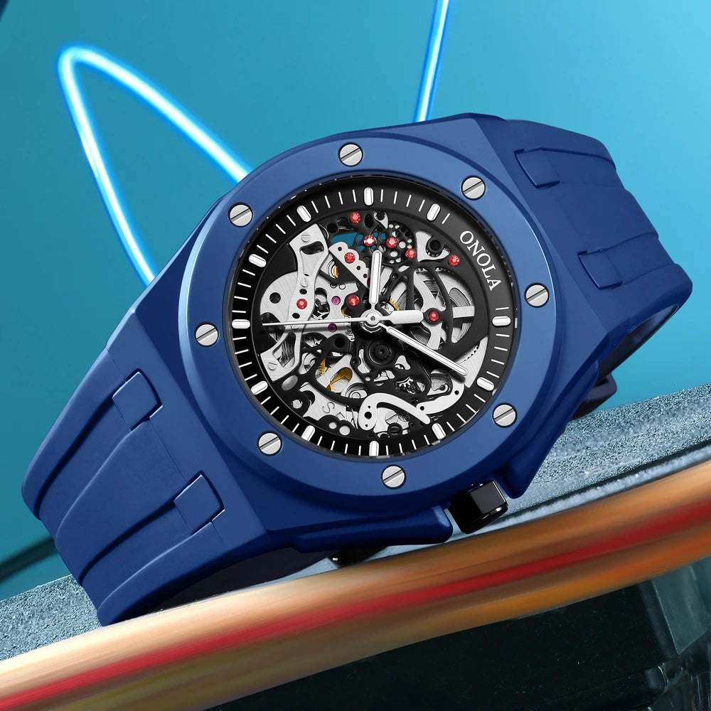 ONOLA Men’s Skeleton Automatic Mechanical Watch with Silicone Band
