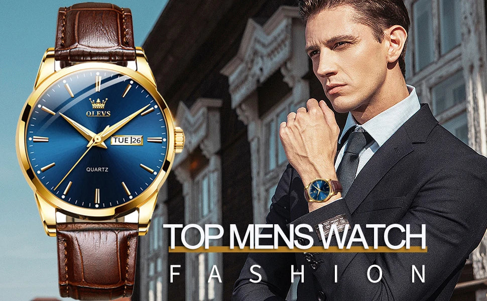 OLEVS 6898 Men's Watch - Simple Blue Face, Waterproof, Leather Strap, Business Casual, Automatic