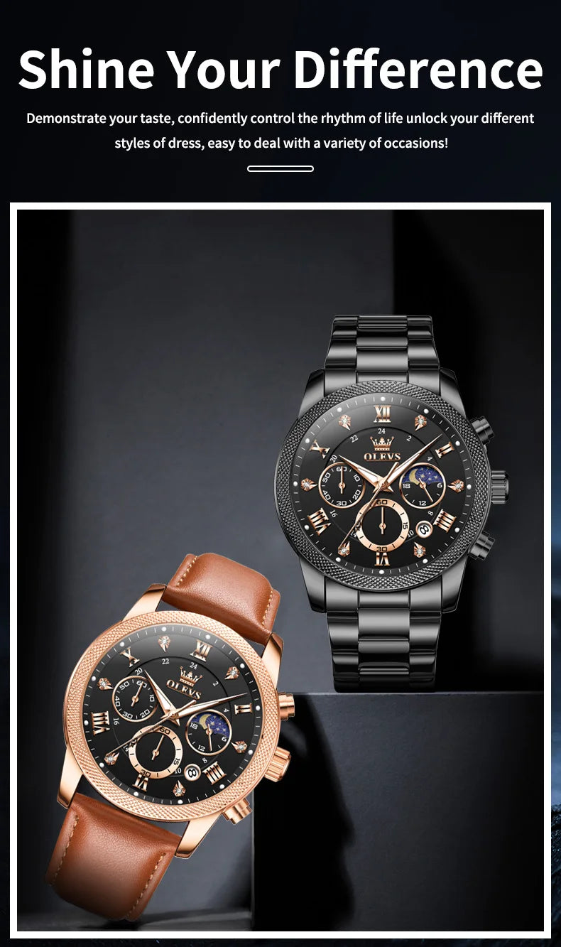 OLEVS 3660 Men's Watch - Moon Phase, Chronograph, Leather Strap, Waterproof, Anti-Magnetic