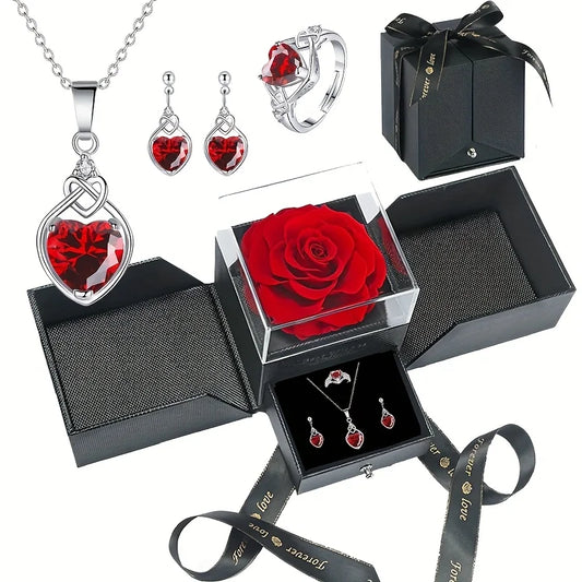 Heart Jewelry Gift Set - Earrings, Ring & Necklace with Rose Box