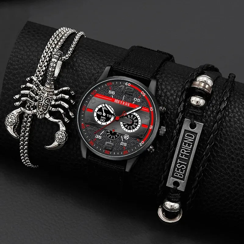 DEYROS 3pcs Men's Quartz Watch, Necklace & Bracelet Set - Nylon Band, Hardlex, Numberless Dial