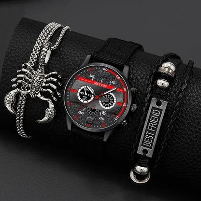 DEYROS 3pcs Men's Quartz Watch, Necklace & Bracelet Set - Nylon Band, Hardlex, Numberless Dial