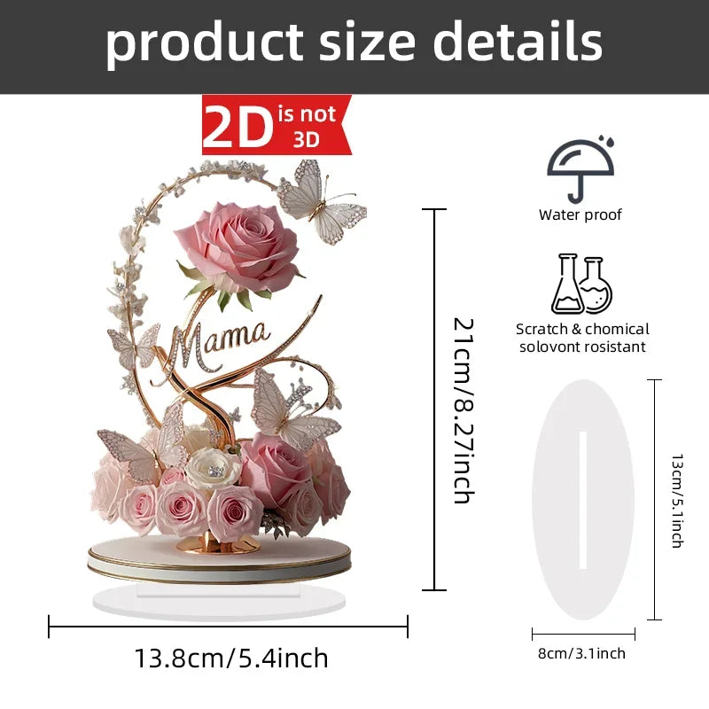 8" Acrylic Rose 'MOM' Standing Decoration – Love Theme, Pastoral Style