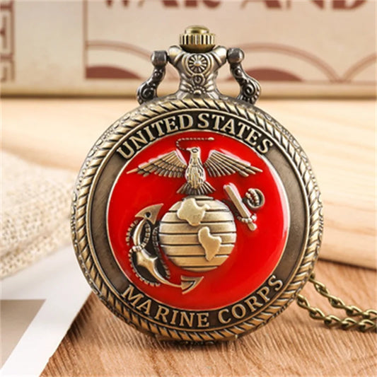 US Marine Corps Quartz Pocket Watch - Red Pendant Necklace