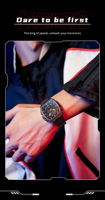 OLEVS 2492 Men's Watch - Tonneau Hollow Out, Moon Phase, Waterproof, Luminous, Silicone