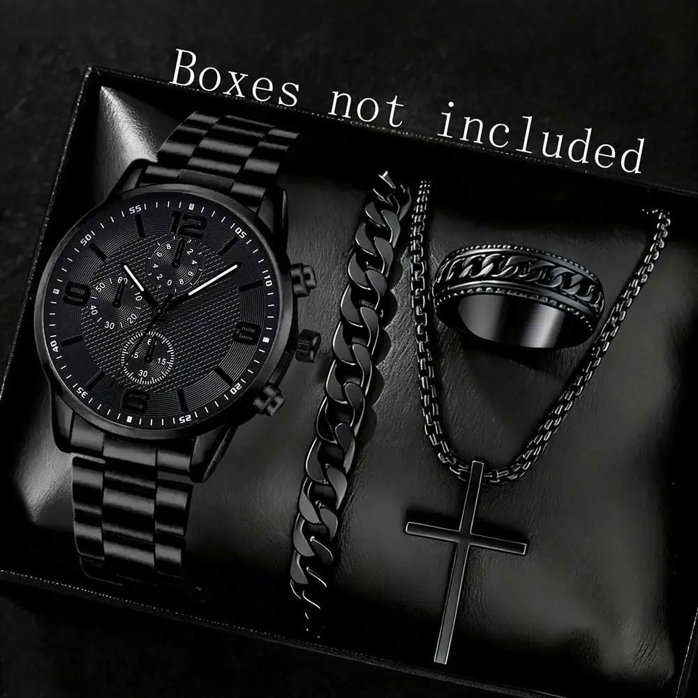 Black Men's Watch Set - Quartz Watch & Jewelry Gift Set