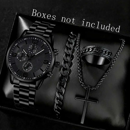 Black Men's Watch Set - Quartz Watch & Jewelry Gift Set