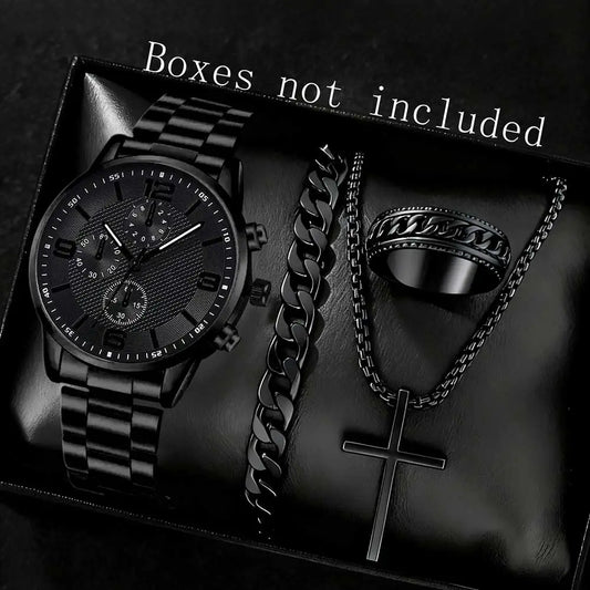 Black Men's Watch Set - Quartz Watch & Jewelry Gift Set