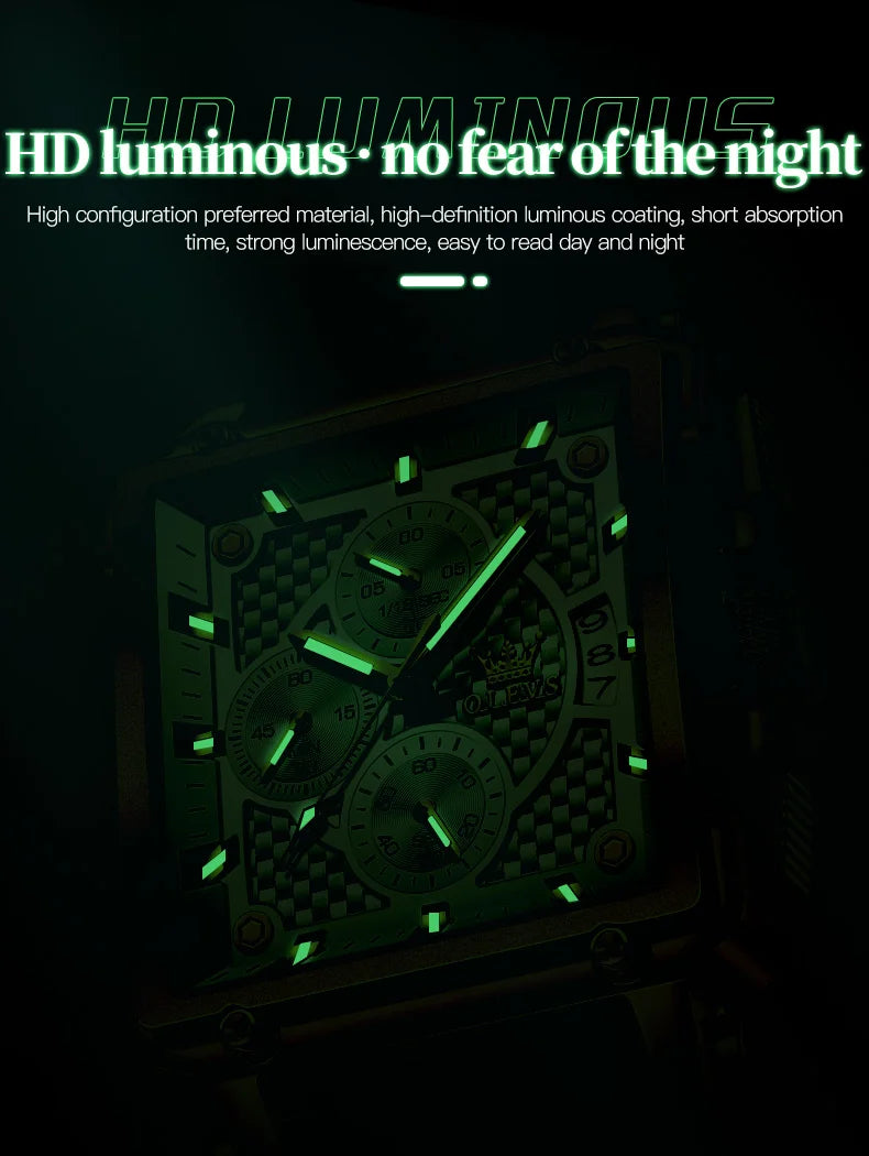 OLEVS 9925 Men's Watch - Luxury Square, Chronograph, Waterproof, Leather Strap