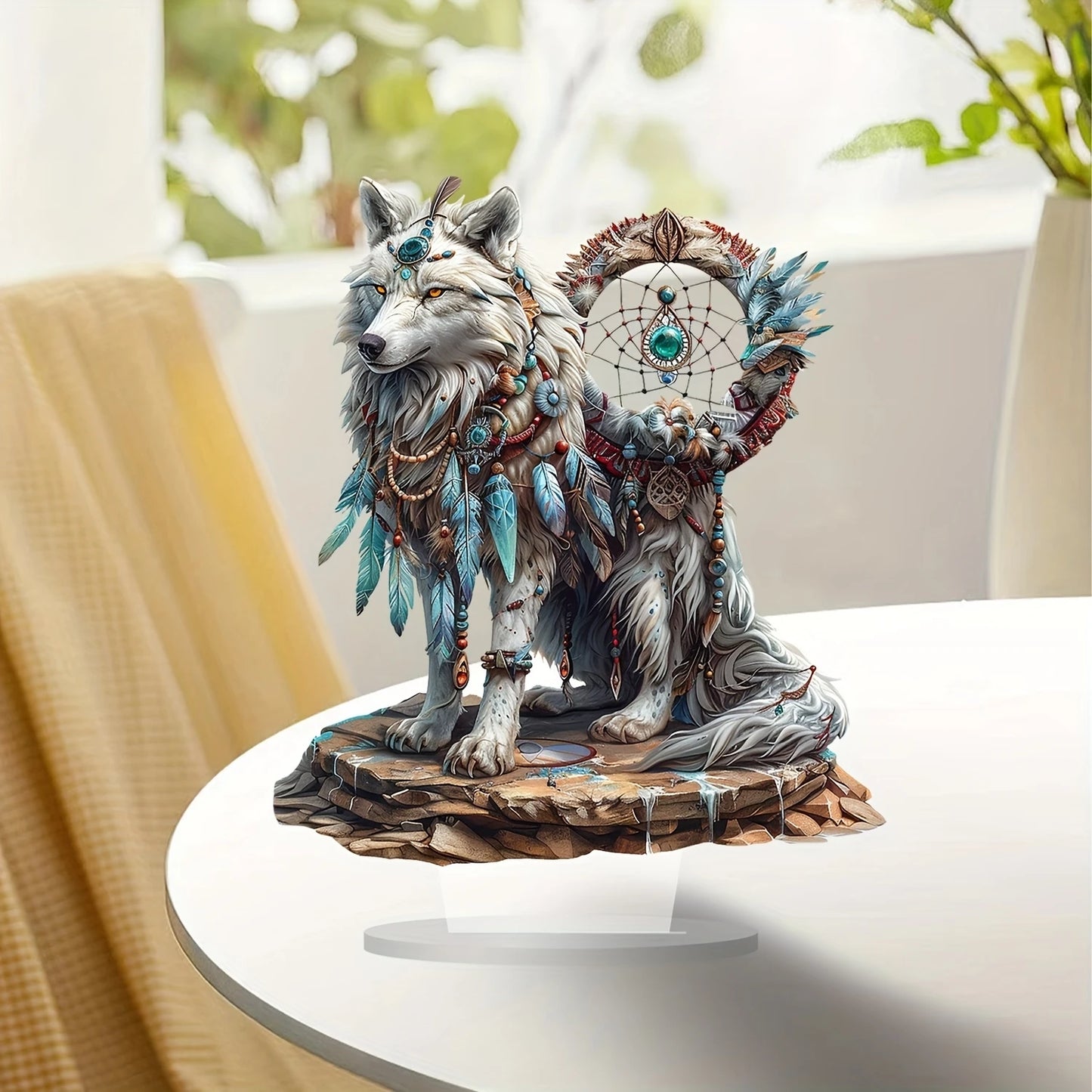 White Wolf Dream Catcher Acrylic Desk Decor - 10in 2D Tabletop Sign