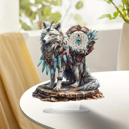 White Wolf Dream Catcher Acrylic Desk Decor - 10in 2D Tabletop Sign