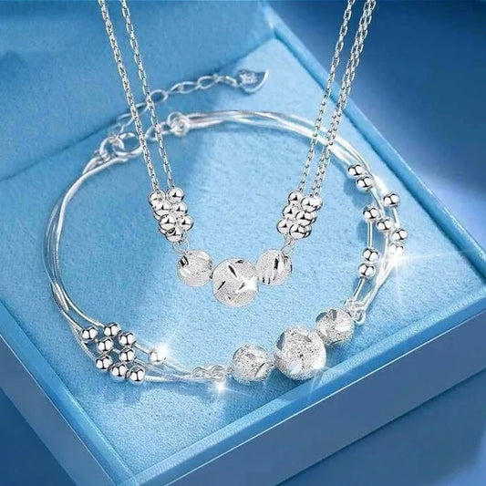 925 Sterling Silver Ball Bead Necklace & Bracelet Set