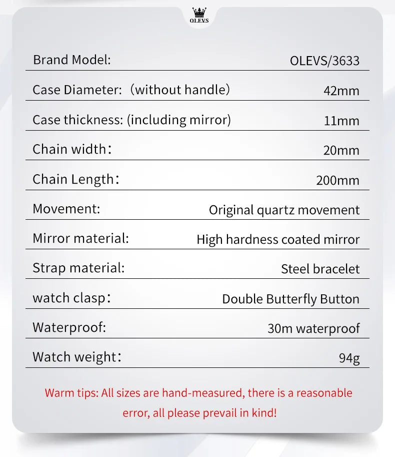 OLEVS 3633 Men's Watch - Business Simple, Waterproof, Luminous, Stainless Steel, Dual Calendar