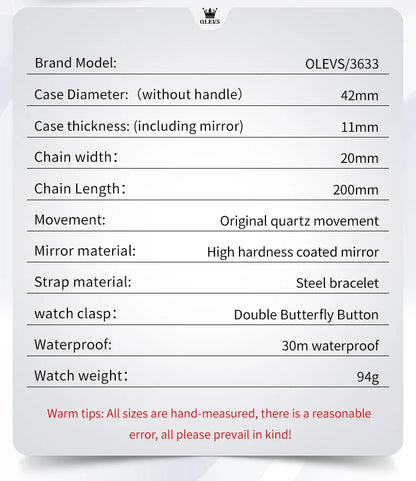OLEVS 3633 Men's Watch - Business Simple, Waterproof, Luminous, Stainless Steel, Dual Calendar