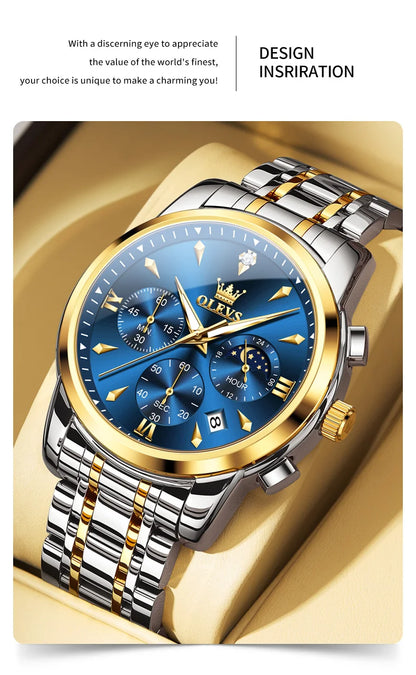 OLEVS Moon Phase Watch - Gold Blue Stainless Steel Chronograph