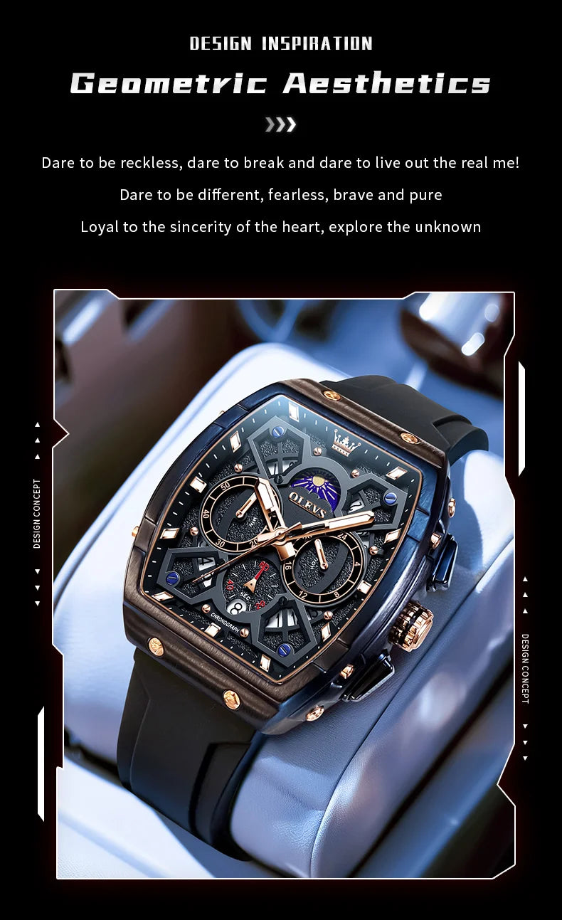 OLEVS 2492 Men's Watch - Tonneau Hollow Out, Moon Phase, Waterproof, Luminous, Silicone