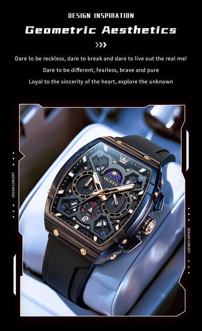 OLEVS 2492 Men's Watch - Tonneau Hollow Out, Moon Phase, Waterproof, Luminous, Silicone