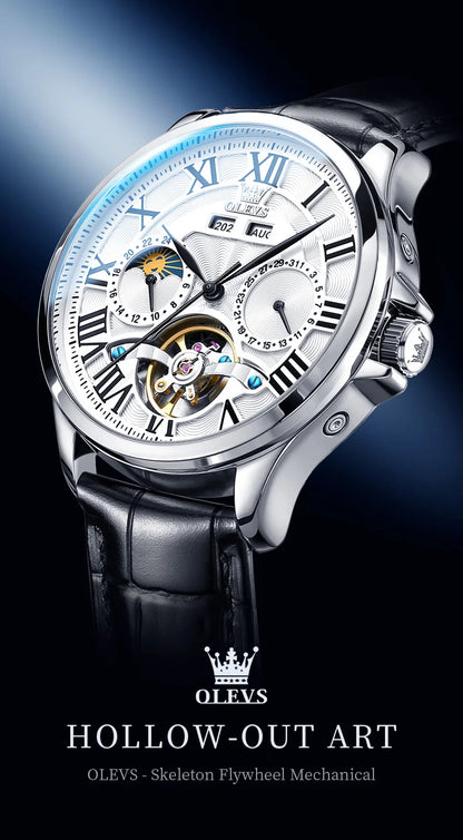 OLEVS 7013 Men's Watch - Moon Phase, Mechanical Automatic, Hollow Flywheel, Waterproof